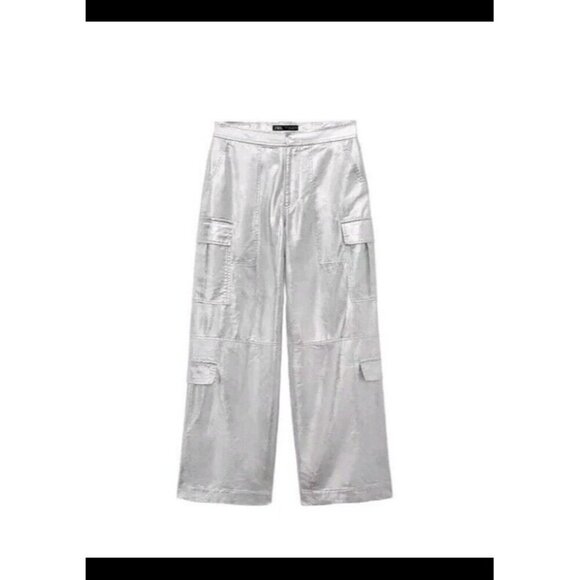 ZARA NEW WOMAN HIGH WAIST CARGO TRF TROUSERS PANT SILVER M6929/409